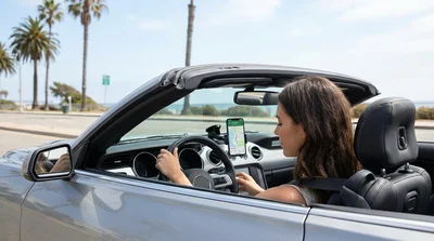 Smartphone showing a map app mounted on the dashboard of a car rental driving down a sunny California highway
