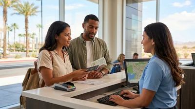 A customer handing an international driving permit to an agent at a Las Vegas car rental desk