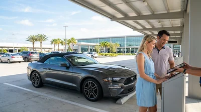 Passenger loading luggage into a white car hire vehicle outside Orlando Airport