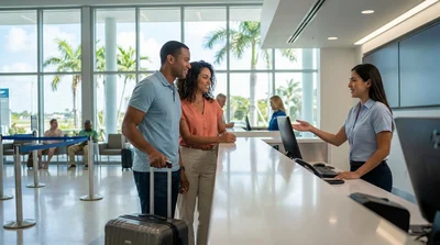 Travelers with luggage standing in line at a car rental desk inside Miami Airport