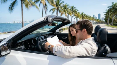 Customer signing paperwork at a car rental counter with sunny Miami palm trees in the background