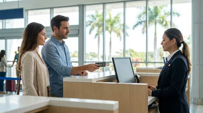 Man loading luggage into a white car rental parked near tropical palm trees in Florida