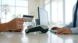 Traveler swiping a credit card at a car rental desk in Los Angeles