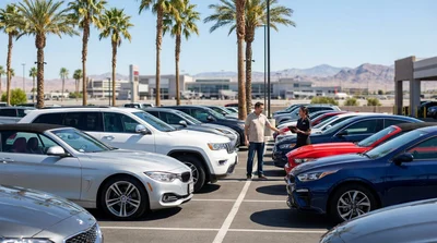 Row of modern vehicles parked at an outdoor car rental lot in Las Vegas