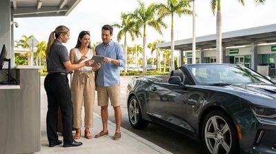 White car rental driving along a sunny Florida highway lined with green palm trees