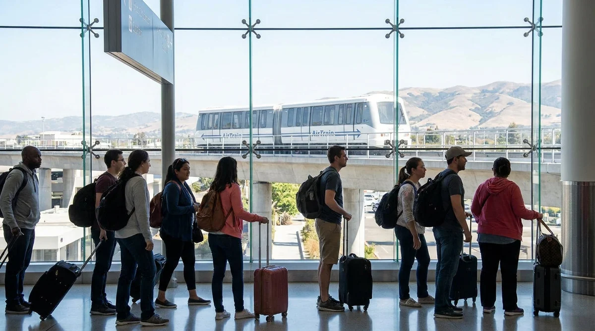 Illuminated airport sign pointing travelers toward the AirTrain and car rental facility in San Francisco
