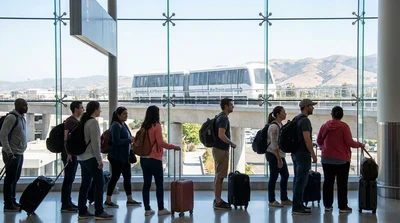 Illuminated airport sign pointing travelers toward the AirTrain and car rental facility in San Francisco
