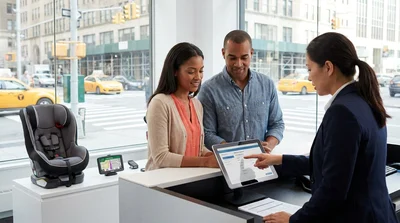 A modern car rental parked on a bustling New York street with a GPS device on the dash