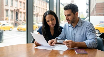 A customer handing a credit card to an agent at a car rental counter in New York