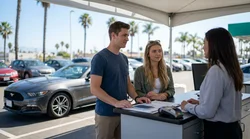 Young adult driving a car rental along a sunny coastal highway in California
