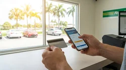 Close up of a person handing a credit card to an agent at a car rental desk in Florida
