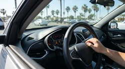 Close up of glowing dashboard warning lights behind a steering wheel in a California car rental