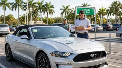 Customer inspecting the bumper of a white car rental parked on a sunny Florida street
