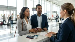Traveler receiving keys from a clerk for a car rental in the United Estates