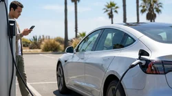 Person using a phone next to an electric car rental plugged into a public charging station in California