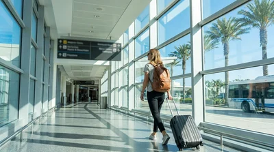 Passengers with luggage walking towards the brightly lit car hire counters at Orlando Airport