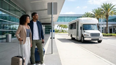 Travelers with luggage waiting to board the car rental shuttle at Terminal 1 in San Francisco