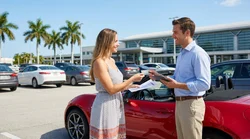 Person handing a credit card to an agent at a car rental counter in sunny Florida