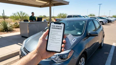 Customer reviewing documents at a Texas car hire desk with keys resting on the counter
