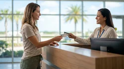 Customer handing a driver's license to an agent at a bright car rental counter in Florida