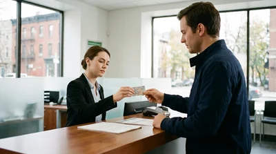 Customer handing a damaged driving license to a car rental agent at a desk in Pennsylvania