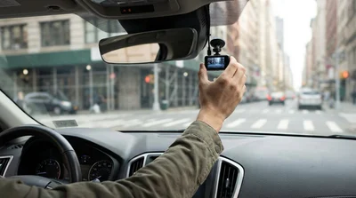 View from a car hire dashboard looking out at the iconic yellow taxi cabs on a busy New York street