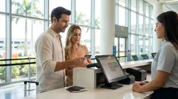 Traveler paying with a credit card at a Miami Airport car rental counter