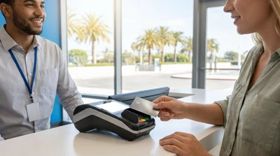 Customer inserting a credit card into a payment terminal at a car rental desk in Los Angeles