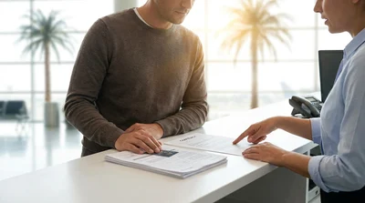 Close-up of a hand holding a pen to sign a car hire contract on a desk with California palm trees in the background