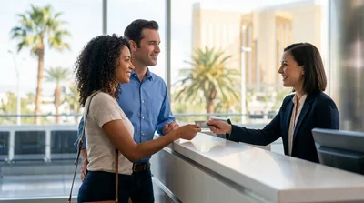 Customer handing a credit card to an agent at a car hire desk in Las Vegas