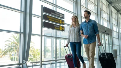 Passengers with luggage walking through the Orlando airport terminal toward the car hire pickup area