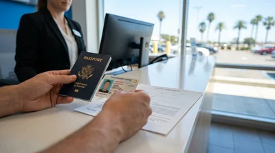 Passport and driving licence next to keys on a car rental counter in California