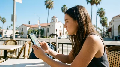 Driver touching a digital map on the dashboard screen of a car rental parked on a sunny Los Angeles street