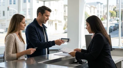 Two people showing ID documents at a car hire counter in San Francisco
