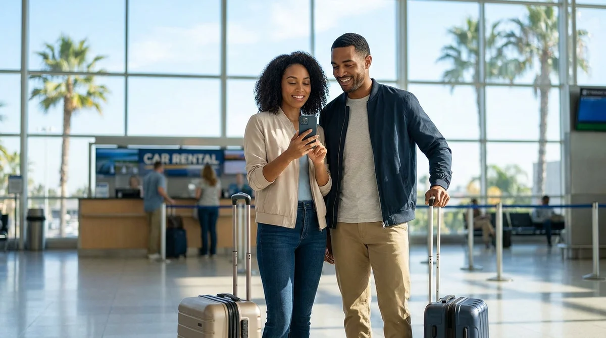 Traveler holding a smartphone and luggage at an Orlando airport car rental desk