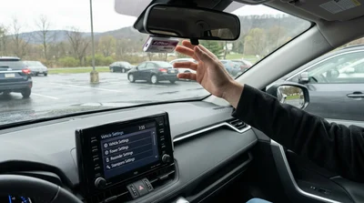 Car rental driving through an electronic toll plaza on a Pennsylvania highway
