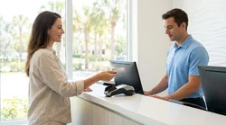Close-up of a customer presenting a credit card at a car hire desk in Florida