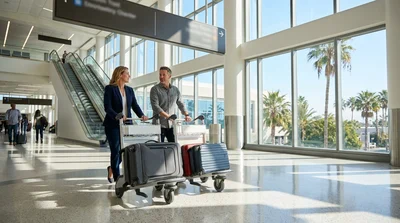 Travelers with luggage walking past a car rental sign inside Terminal B at Orlando Airport