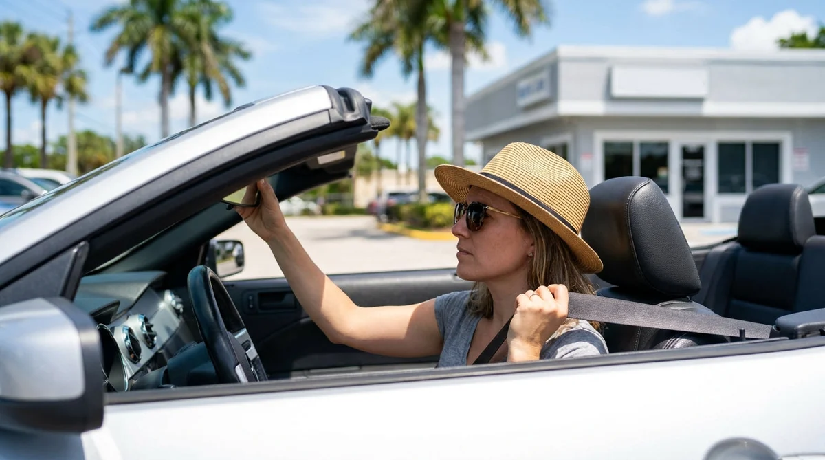 Driver adjusting the rearview mirror and fastening a seat belt inside a car rental in Florida