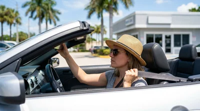 Driver adjusting the rearview mirror and fastening a seat belt inside a car rental in Florida
