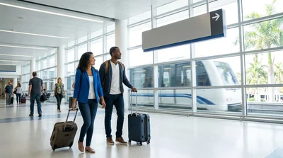 Passengers with luggage walking from the MIA Mover train to the car hire counters in Miami