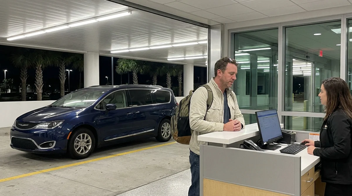 Traveler with luggage standing at a brightly lit car rental counter in Orlando airport at night