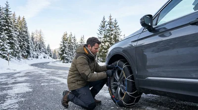 A car rental driving along a snowy pine-lined road in the mountains of California