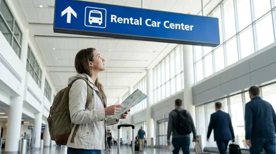 Travelers with luggage walking toward the car hire center at San Francisco airport