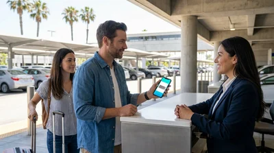 Traveler holding a smartphone with a digital voucher at a Los Angeles airport car rental lot