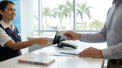 Person holding a credit card and keys next to a car rental vehicle in sunny Florida
