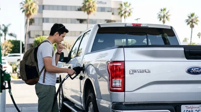 Driver pumping gas into a white car rental at a sunlit Los Angeles fuel station