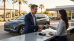 Close-up of a person handing a corporate credit card to an agent for a car hire in Texas