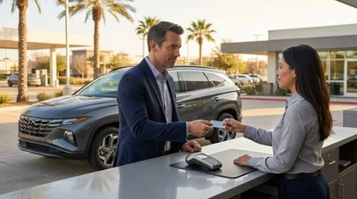 Close-up of a person handing a corporate credit card to an agent for a car hire in Texas