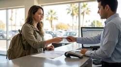 Traveler handing a credit card to an agent at a Los Angeles car hire counter